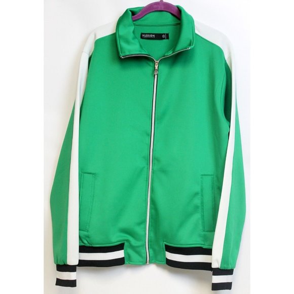 Hudson Green Track Jacket Sport Running Basketball White Stripe Zip up Retro Loo - Picture 1 of 6